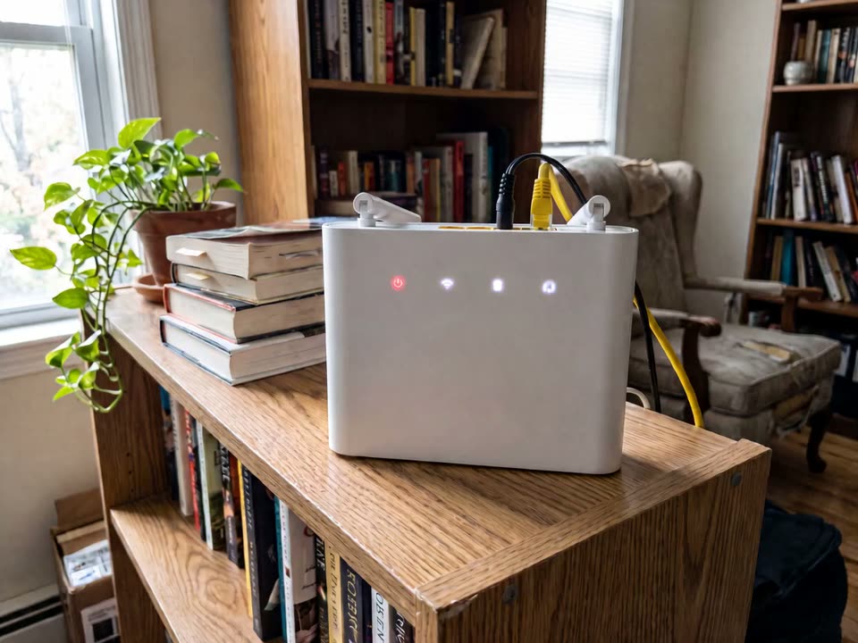 A still from the Setup Helper template: a white router on a wooden bookshelf, a yellow network cable and a black cable plugged into its top, one of its four lights red