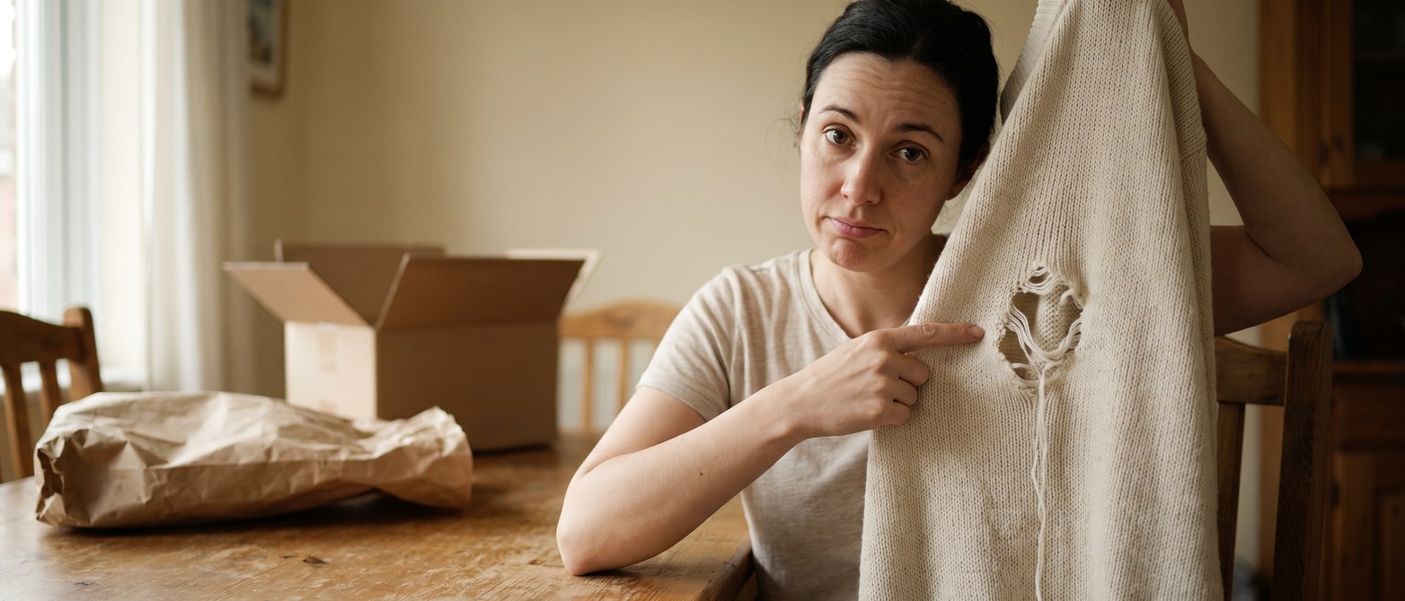 A woman at home on a video call holds a cream knitted sweater up to her phone's camera and points at the torn hole in its front, the way the agent sees her; a scene made with AI